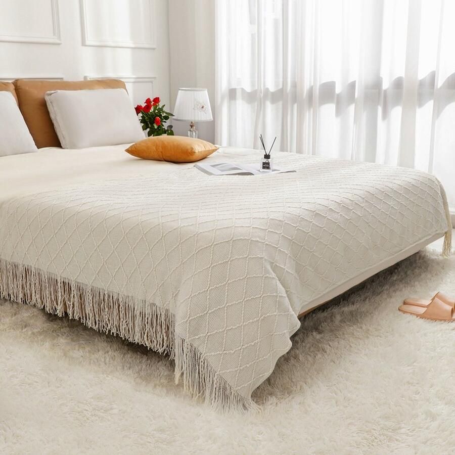 Gebreide decoratieve deken gebreide deken met kwastjes geschikt voor bank stoel en bed zacht warm comfortabel en licht (127cmX152cm) Wit