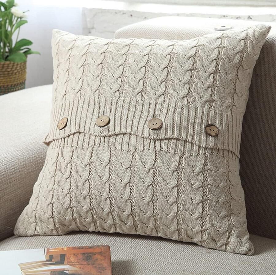 Gebreide decoratieve kussenhoes warme vierkante trui-kussenhoes voor slaapbank woondecoratie (beige 45 * 45 cm)