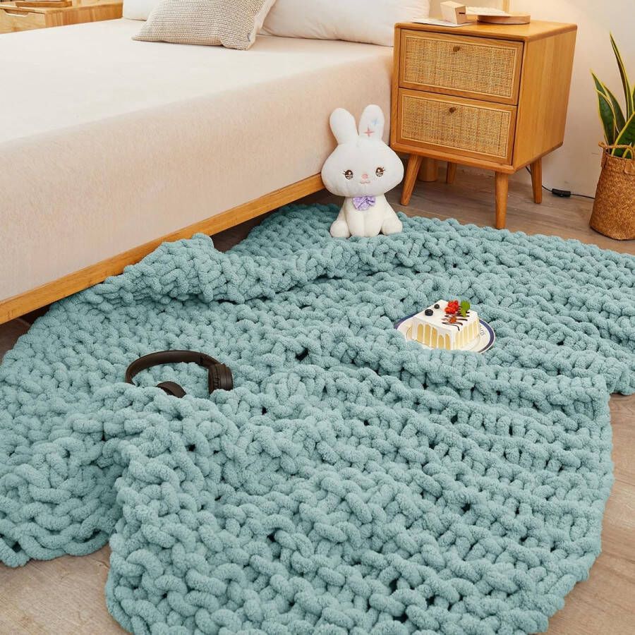 Gebreide deken luxe 100% handgebreide zachte en gezellige slaapbank stoelverzwaarde dik geweven deken 76 x 101 cm aquablauw