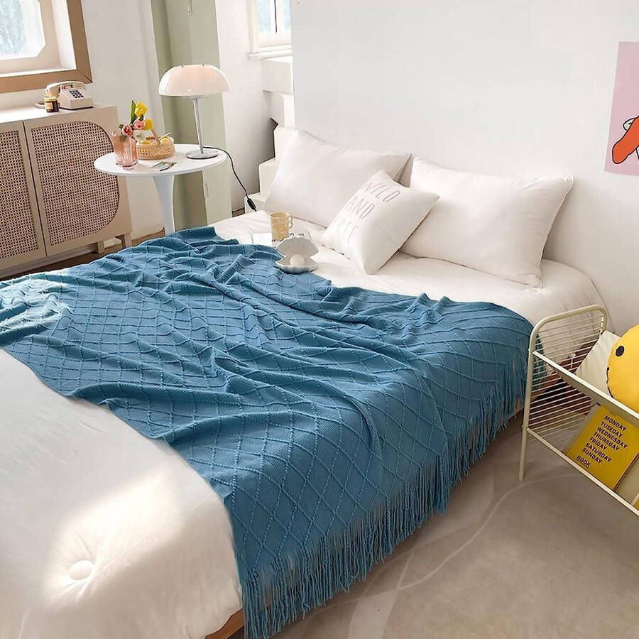 Gebreide deken met kwast effen geometrisch patroon knuffeldeken gebreide deken sprei bankdeken decoratieve deken voor bank bed 170 x 130 cm