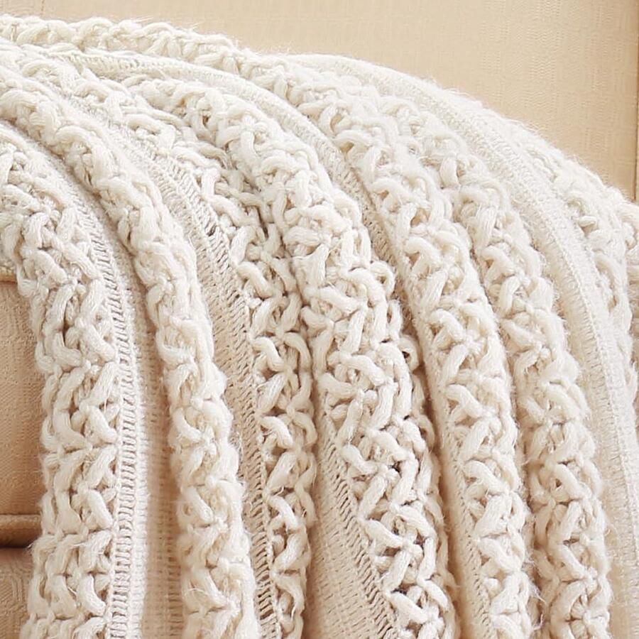Gebreide deken voor bank sofa stoel bed Boerderij stijl woondecoratie Zacht warm gezellig lichtgewicht 127 x 152 cm beige ivoor
