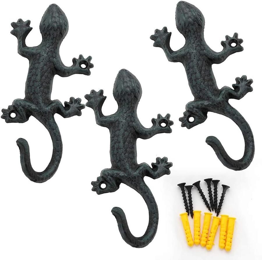 Gecko kapstokhaken vintage metalen wandhaken set van 3 17 cm