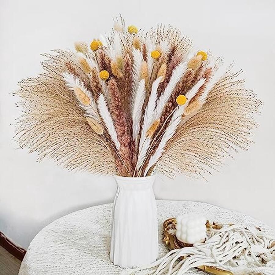 Gedroogde Pampas Grassen Set 75 Stuks Natuurlijk Pluizig voor Boho Decoratie in Woonkamer Eettafel en Bruidsboeket