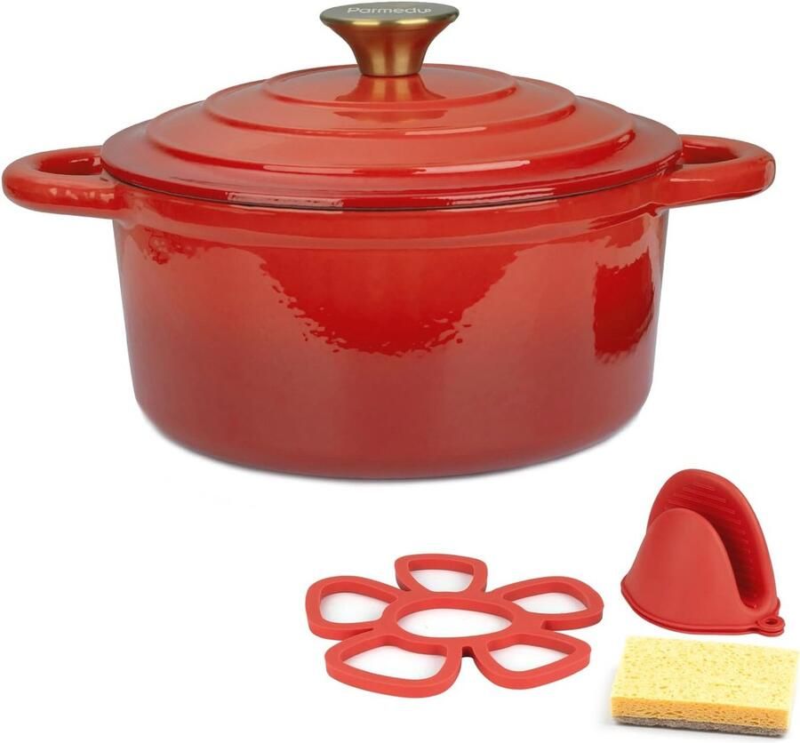 Geëmailleerde gietijzeren stoofpan 2 5 liter Robuuste pan met deksel en handgrepen in rood perfect voor stoven braden en bakken