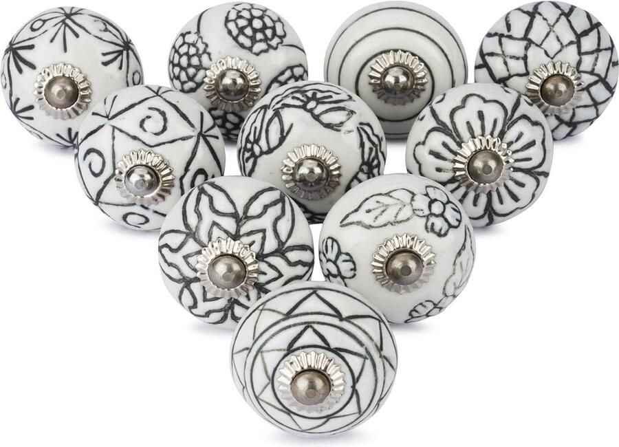 Witte keramische knoppen 10 stuks glanzend oppervlak kasten commodes laden handgemaakt antiek bloemenpatroon