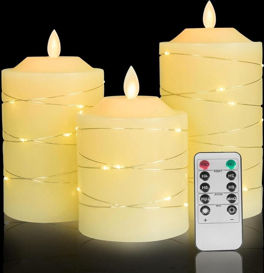 Geëxploiteerde Led vlamloze kaarsen met ingebedde lichtslingers- 3 Pack ivoor flikkeren elektrische kaars lamp met afstandsbediening- timer- festival feest woondecoratie