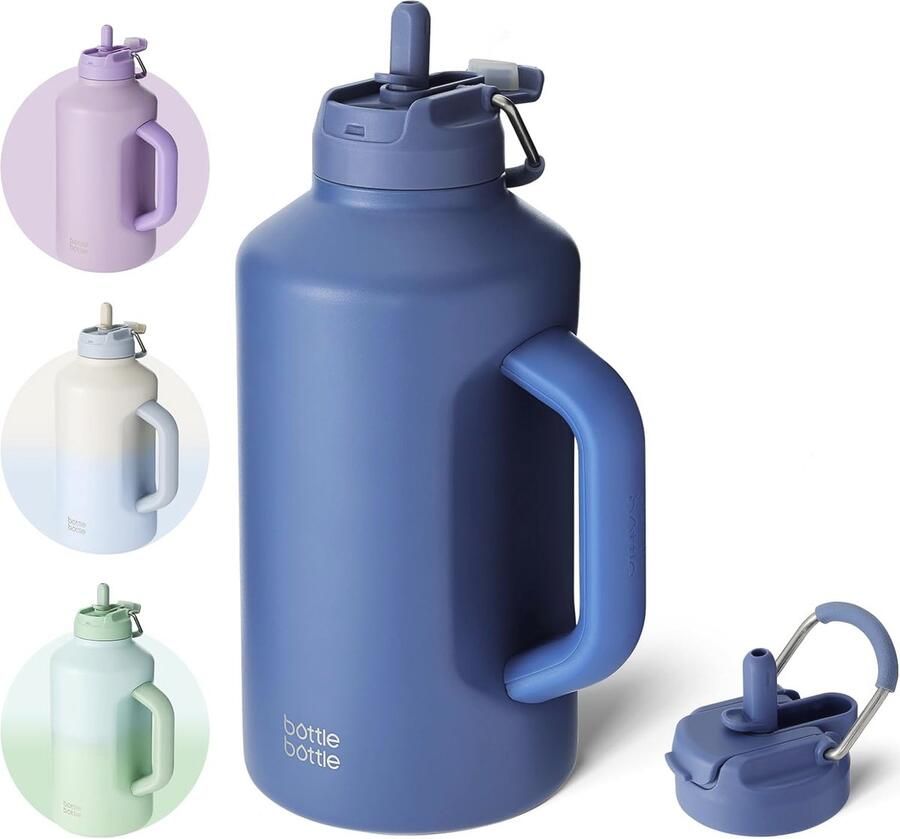 Geïsoleerde waterfles 64 oz met rietje en dubbel gebruik deksel RVS sportfles voor gym voetbal en buitenactiviteiten (blauw)
