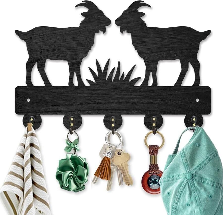 Geit Schaap Houten Sleutelhouder voor Wand Dieren Gras Weide Wandgemonteerde Sleutelhaken 11.8×7.8 Inch Kapstok met 5 Legeringshaken voor Entree Voordeur Keuken Kantoor Decoratie