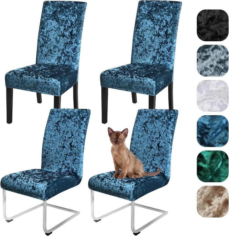 Gekreukte Fluwelen Stoelhoezen Set van 4 of 6 Stretch Afneembaar Wasbaar Voor Eetkamer en Feesten (Blauw)