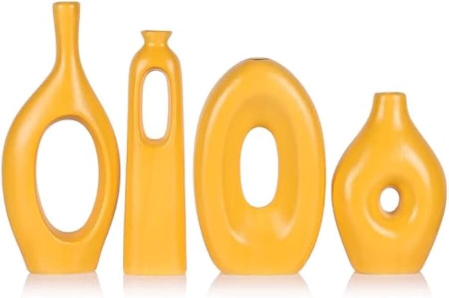 Gele vazen Home Decor 4-delige ronde holle Boho gele keramische vaas voor Pampas Grass Decor moderne kleine bloemenvazen voor woonkamer eettafel kantoor bruiloft open haard decor