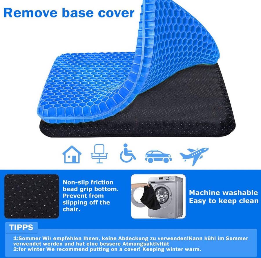Gelzitkussen dik met antislip overtrek ademend stoelkussen honingraatdesign absorbeert drukplekken voor auto bureaustoel rolstoel
