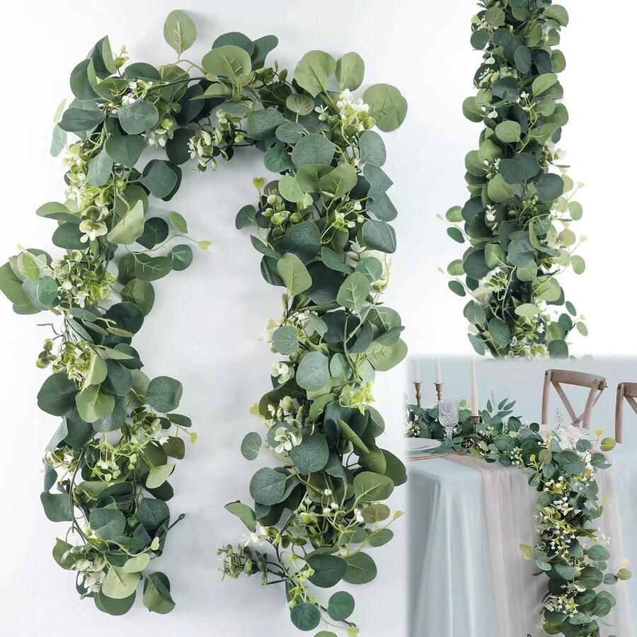 GENHH 2-pack Eucalyptus Guirlande 1 8 m Eucalyptus Decoratie Kunstmatige Guirlande Plant Hangende Groene Bladeren Decoratie met Witte Bloemen Zilveren Dollar voor Bruiloften Eettafels Schouwmantels Trappen Deurkozijnen