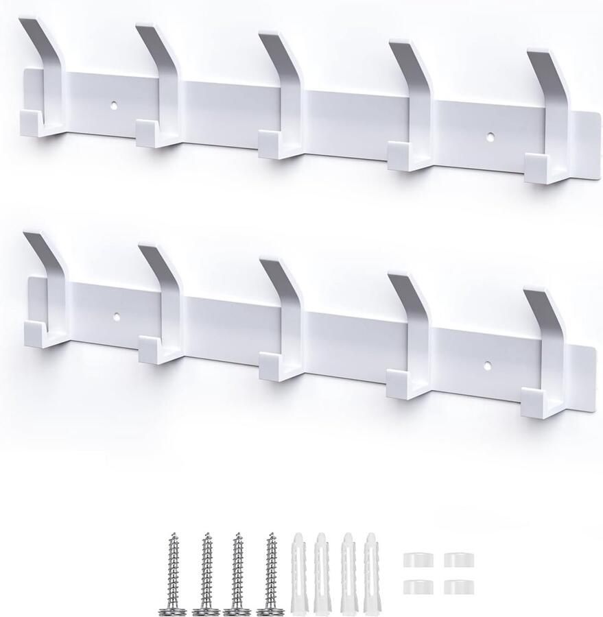 GENHH Wandkapstok 2-pack kapstokhaken metalen wandkapstok handdoekhaak wandmontage haken voor hoeden jassen sjaals (5 haken wit)