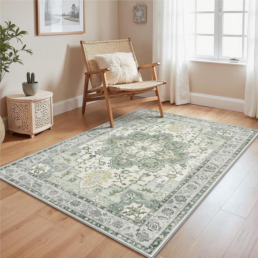 GENIMO Vintage vloerkleed 120x170cm Woonkamer vloerkleden Wasbare vloerkleden Boho vloerkleed Klein antislip vloerkleed Slaapkamer Eetkamer Kantoor Groen