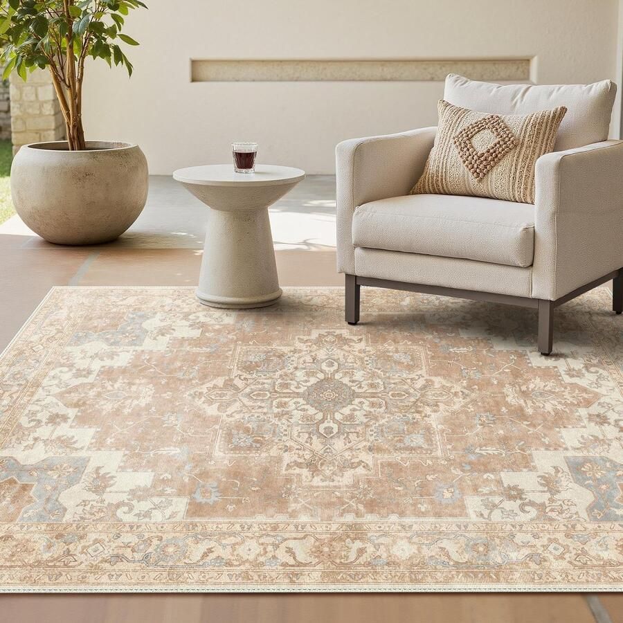 GENIMO Vintage vloerkleed 140x200cm Woonkamer vloerkleden Wasbare vloerkleden Boho vloerkleed Kortpolig antislip tapijt Slaapkamer Eetkamer Kantoor