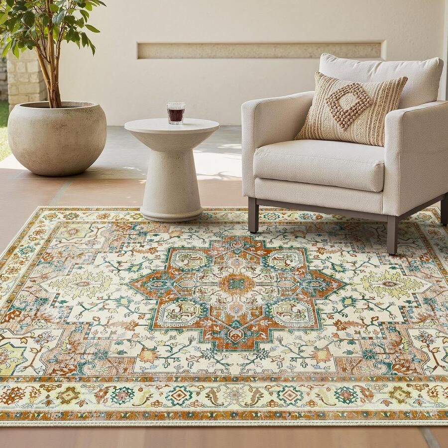 GENIMO Vintage vloerkleed 160x230cm Woonkamer vloerkleden Wasbare vloerkleden Boho vloerkleed Groot antislip tapijt Slaapkamer Eetkamer Kantoor