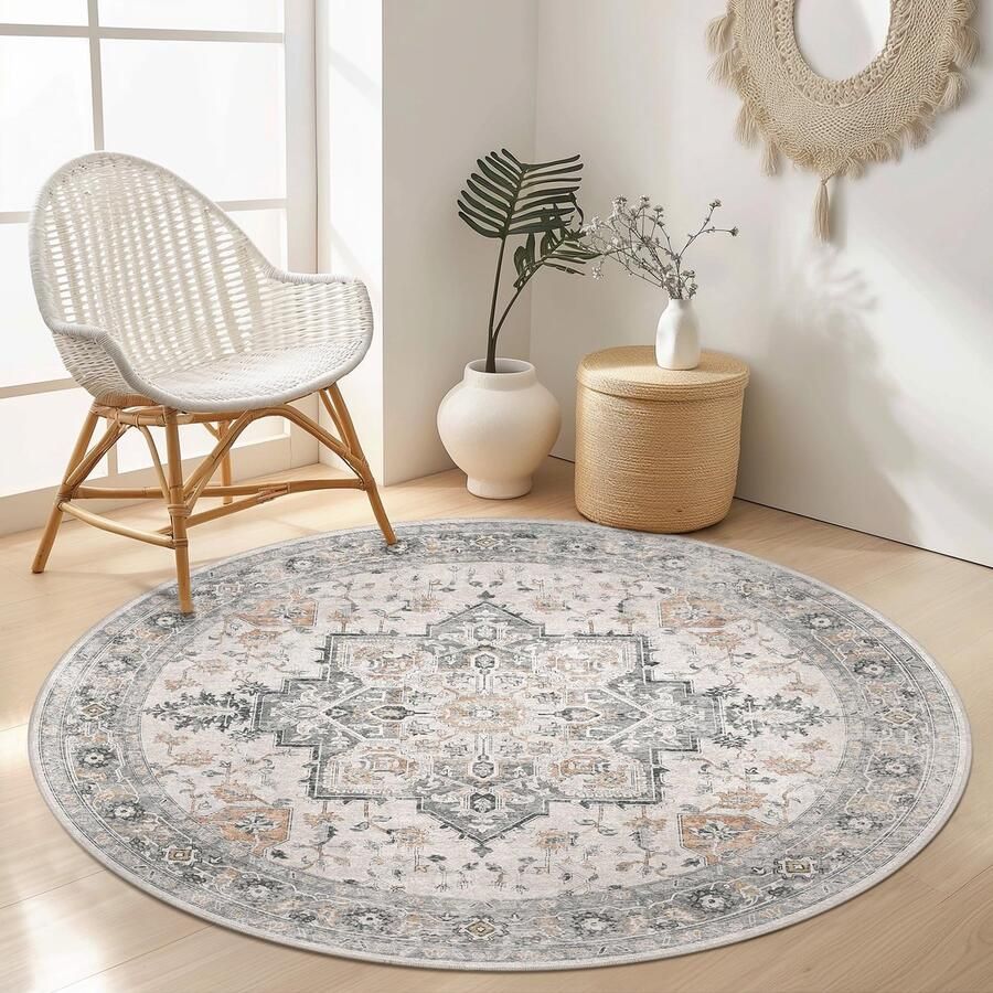 GENIMO Vintage Vloerkleed Rond 160cm Wasbare Vloerkleden Boho Ronde Vloerkleden Antislip Vloerkleed Bedrukt Vloerkleed voor Slaapkamer Kinderkamer Beige