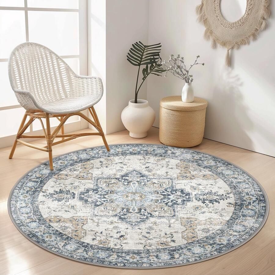 GENIMO Vintage Vloerkleed Rond 120cm Wasbare Vloerkleden Boho Ronde Vloerkleden Antislip Vloerkleed Bedrukt Vloerkleed Slaapkamer Kinderkamer
