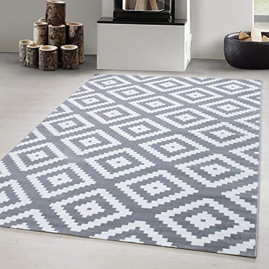 Geometrisch Laagpolig Vloerkleed 140x200 cm Grijs voor Woonkamer en Eetkamer