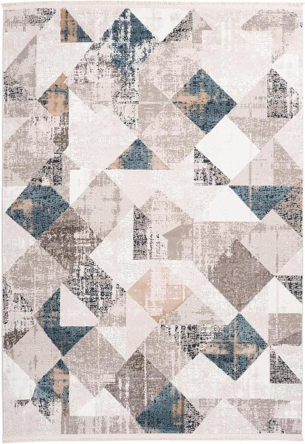 Geometrisch Patroon Vloerkleed met Franjes Pastel Grijs Blauw Taupe 120 x 180 cm