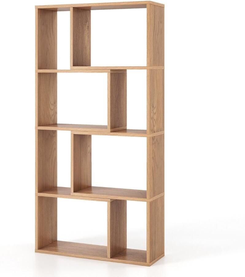 Geometrische Boekenkast 120 cm – Moderne Vrijstaande Kast met 4 Niveaus en 8 Open Vakken Naturel