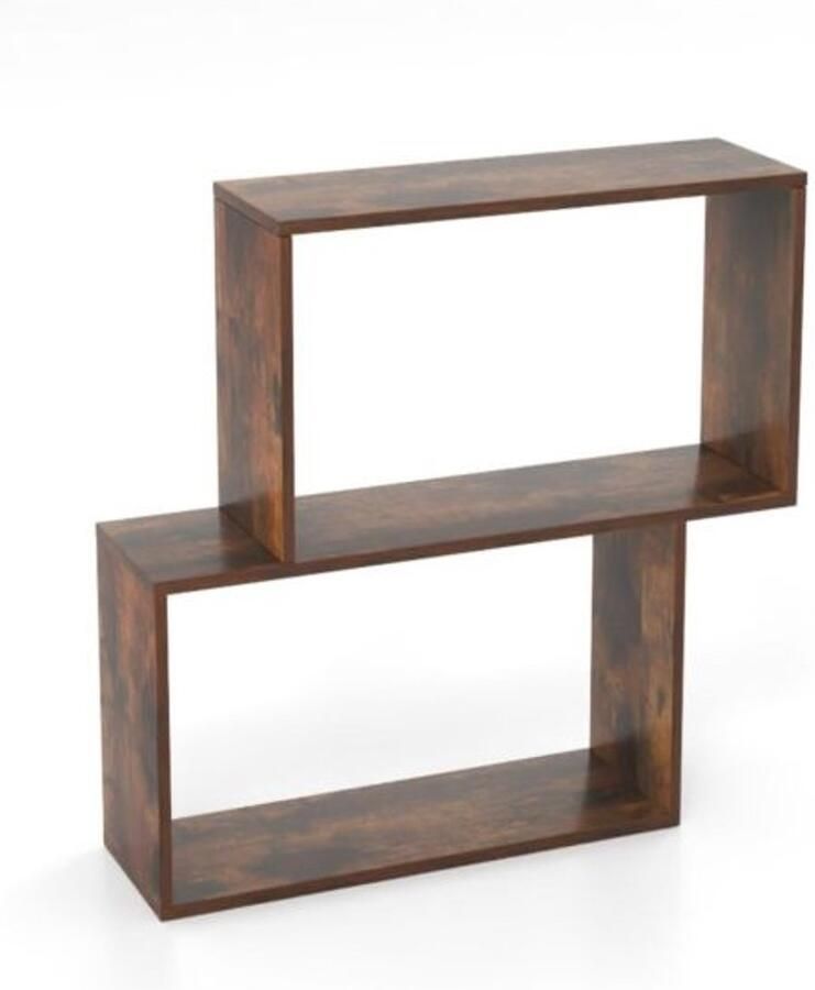 Geometrische boekenkast met 3 niveaus – Vrijstaand houten model met 2 kubusvakken en open opbergplank – Koffie