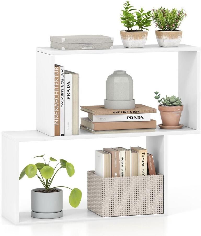 Geometrische boekenkast met 3 niveaus – Vrijstaande houten kast met 2 kubuscompartimenten en open planken – Wit