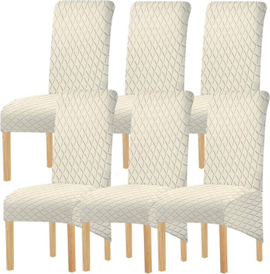 Geometrische jacquard grote stoelhoezen voor eetkamerstoelen XL eetkamerstoelhoezen met hoge rugleuning rekbare afneembare wasbare stoelhoezen (K Cream set van 6)