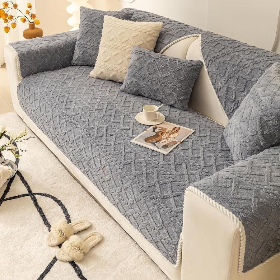Geometrische Jacquard Pluche Sofa Stoelhoezen-70*210cm-Farmhouse Non Slip Sectionele Bankhoes-Zachte Warme Sofa Slipcover voor Honden Kinderen-Petielen Meubelbeschermer