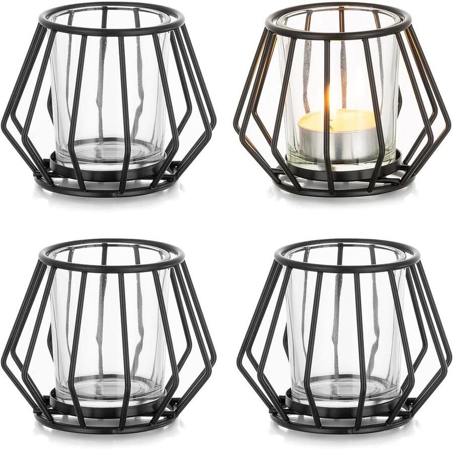Geometrische metalen theelichthouders zwart set van 4 tafeldecoratie voor woonkamer stompkaars decoratie verjaardag vintage huis eettafel sfeervolle theelichthouders