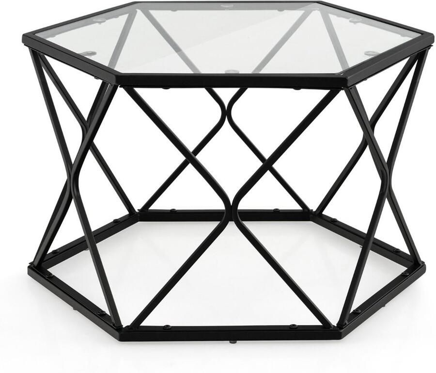 Geometrische salontafel – Zeshoekig ontwerp met gehard glazen blad modern voor woonkamer – Zwart 65x56x40 cm