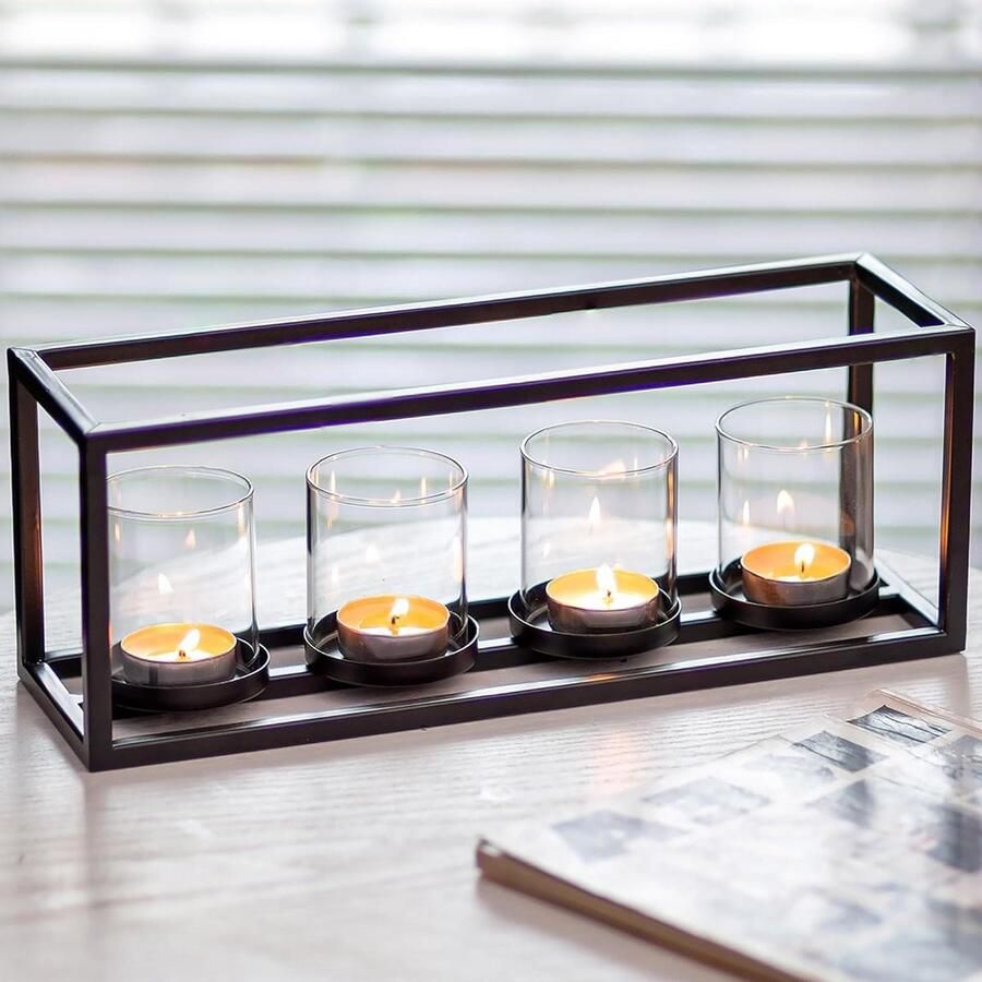 Geometrische Theelichtkaarshouders Modern Metaal- Set van 4 Voor Kerst Advent Decoratieve Orkaan Kaarshouders Voor Pilaar Kaarsen Kandelaar Voor Koffie Eettafel Centerpiece