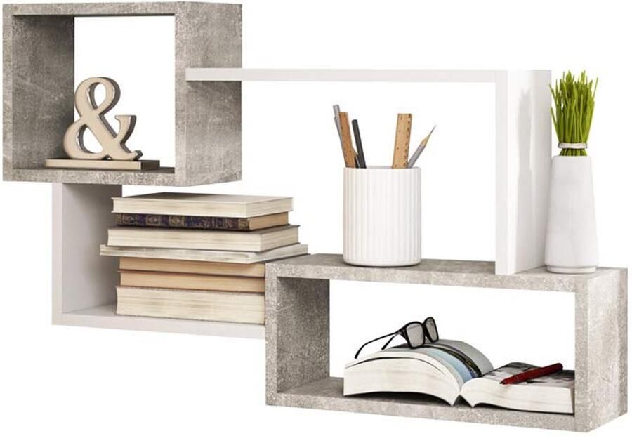 Geometrische wandplank Betonlook 1 stuk Wit accent 87 cm