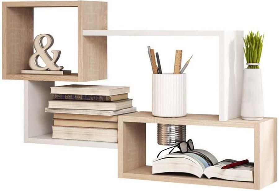 Geometrische wandplank Houtlook met witte accenten 1 stuk 87x54x18 cm