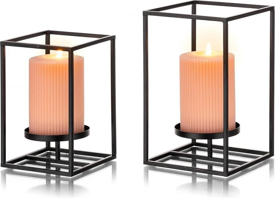 Allecto Plus Geometrische kandelaar houders voor pijlerkaarsen Set van 2 Moderne metalen 3D draad kandelaar Ideaal voor woonkamer eetkamer open haard Geschikt als kerst- of Halloween decoratie Voor sfeervolle tafel middenstukken