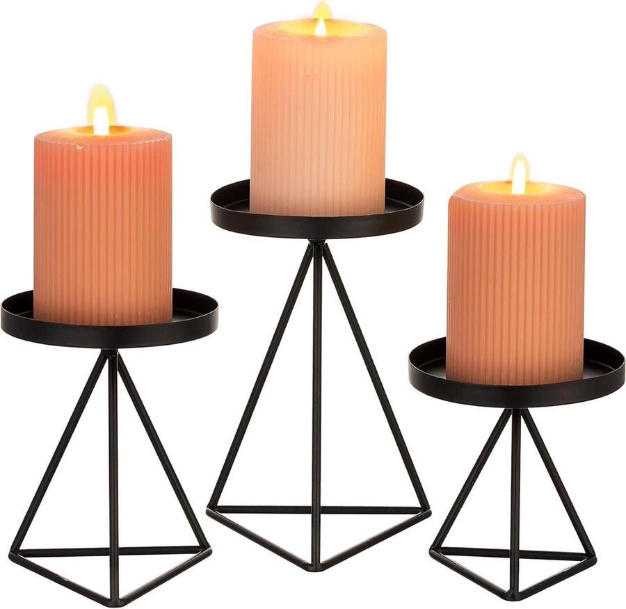 Senza Marchio Geometrische Zwarte Kandelaars voor Pijlerkaarsen 3 Stuks Metalen Draad Vintage Kandelaars Set voor Woonkamer Eetkamer Openhaard Mantel Kerstfeest Halloween Tafel Centerpieces