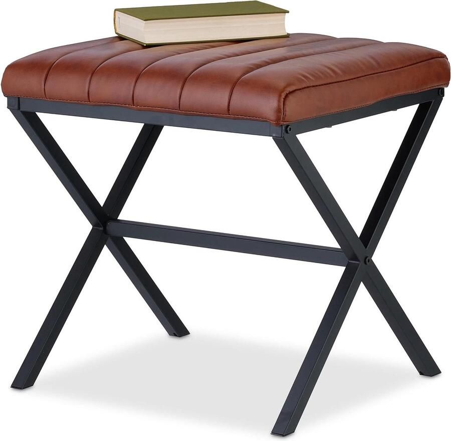 Gepolsterde industriële hocker van kunstleer en metaal 46 x 47 x 42 cm modern design voetenbankje zwart bruin