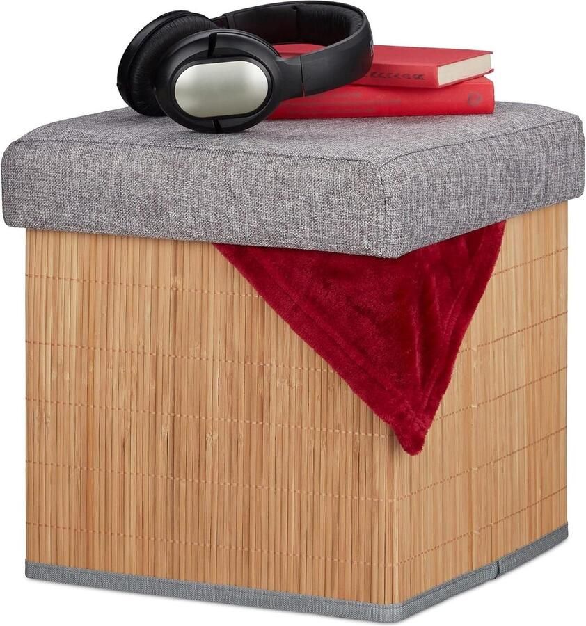 Opvouwbare gepolsterde bamboe en stoffen poef met opbergruimte 36 x 35 x 35 cm naturel grijs