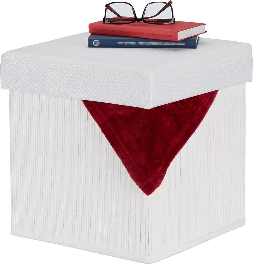 Opvouwbare poef met opbergruimte Ruimtebesparende zitkruk 35x35x35 cm Wit bamboe Kruk met opbergruimte