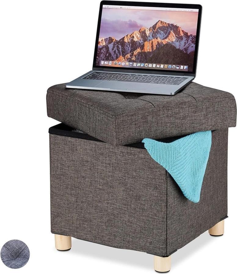 Gepolsterde stoffen opbergpoef 40x38x38 cm bruin met opbergruimte