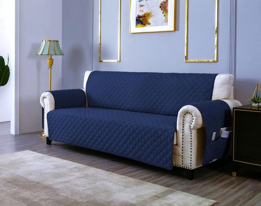 Bankhoes Waterdicht met Opbergvakken Geschikt voor 4 Zitplaatsen Crèmewit Gevuld en Gequilte 220 CM