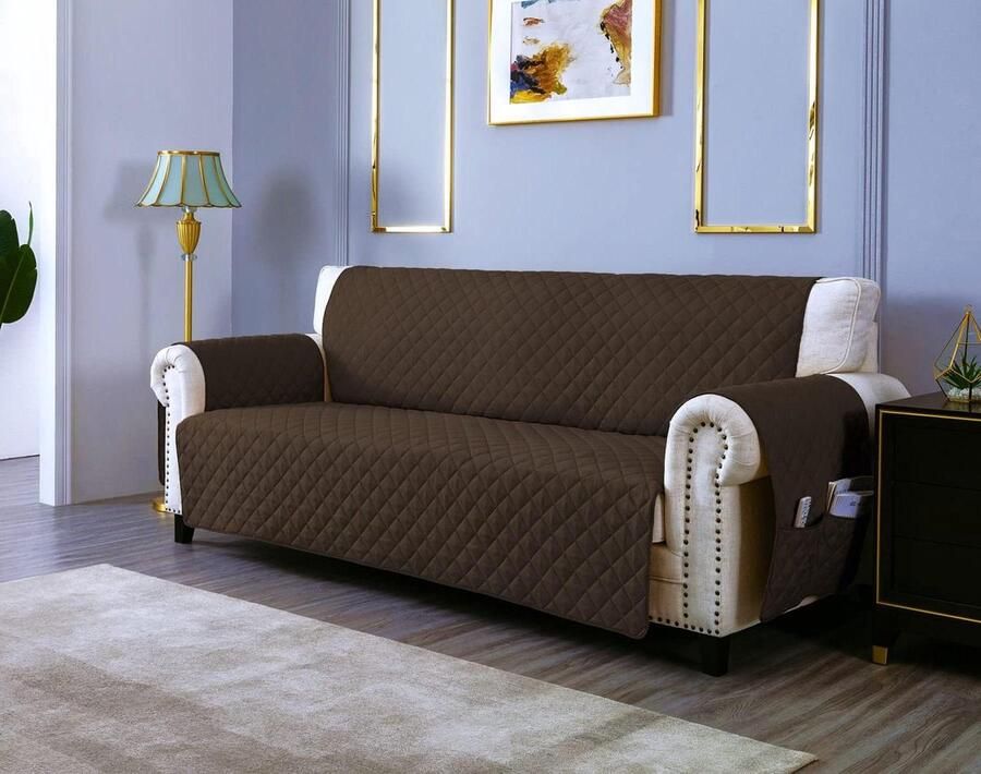 Gequilte Waterdichte Bankhoes met Opbergvakken Antikras 3 Zitplaatsen Crèmewit Gevoerd 170 CM