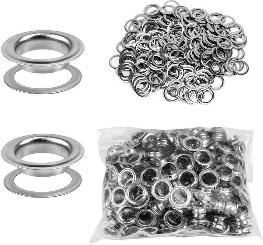 Gereedschapsset voor doorvoertules 500 stuks doorvoerringen en 500 stuks ringen 10 mm (3 8 inch) voor schoenen kleding dekzeilen van leerstof zilver