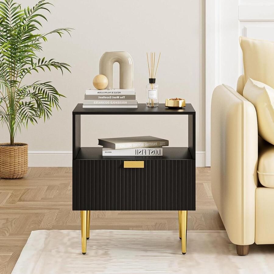 Geribbeld zwart gestreept nachtkastje met laden voor slaapkamer en woonkamer nachtkastje zwart 60 cm hoog