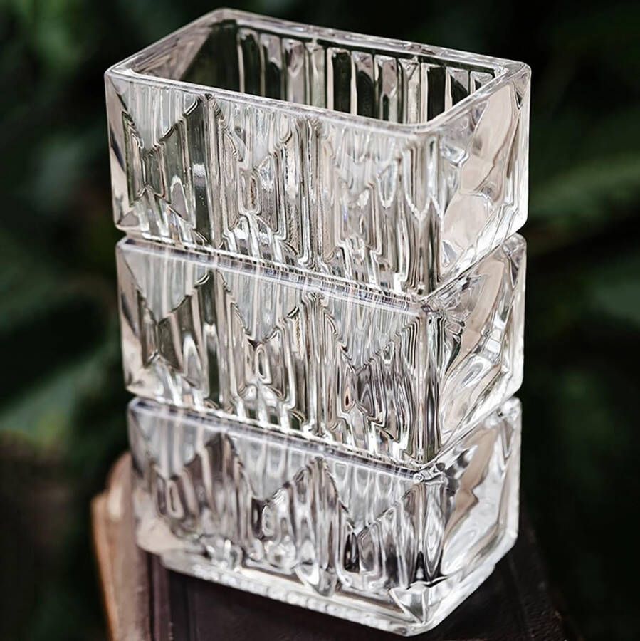 Geribbelde glazen vaas helder glazen vaas geribbelde bloemenvaas minimalistische rechthoekige glazen bloemenvaas voor woonkamer eettafel boekenkast bruiloft kantoor (15 x 10 x 20 cm)