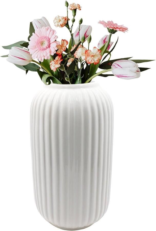 Geribbelde vaas wit 21 cm hoog vaas voor pampasgras moderne bloemenvazen keramiek vers bloemen droogbloemen boho-vazen thuisdecoratie woonkamer eettafel kantoor huisdecoratie