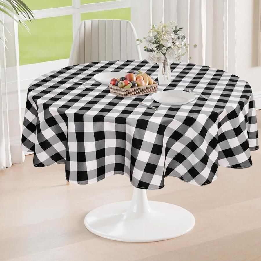 Geruit Tafelkleed Zwart-wit 1 stuk 120 cm rond Polyester