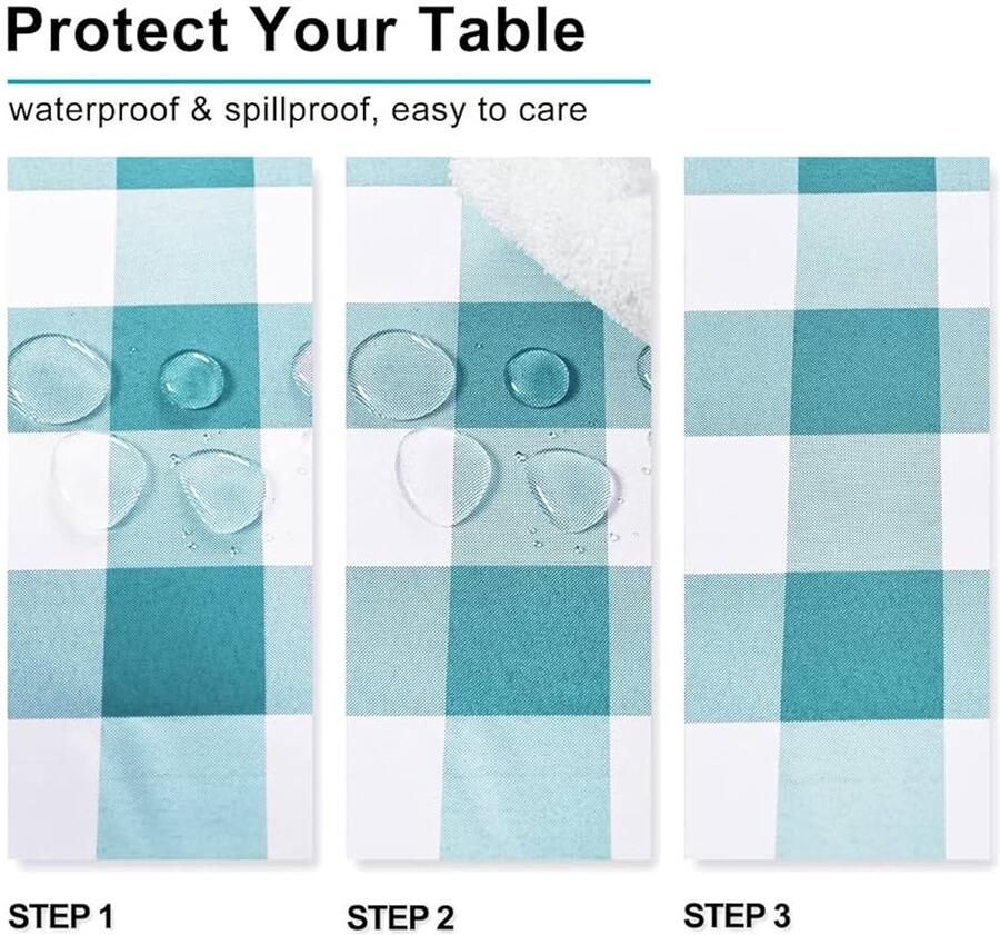 Geruit vierkant tafelkleed vuilafstotend en waterafstotend 1 stuk turquoise en wit polyester 110 x 140 cm