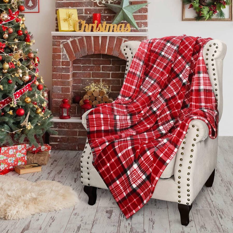 Geruite deken buffeldeken pluizige woondeken Kerstmis geruit warme pluche microvezel winter omkeerbare deken voor bank bed 150 x 130 cm plaid rood