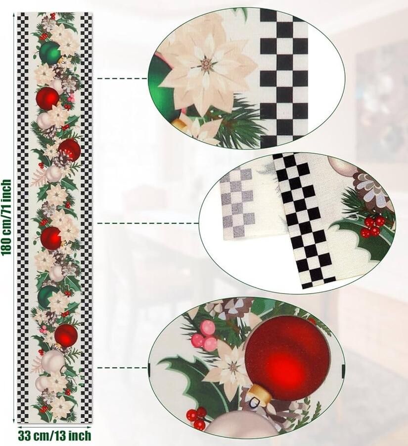 Geruite Kersttafelloper Zwart-wit plaid 33x180cm Katoen